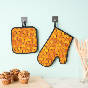 Honigwabe Bright Orange und Golden Beehive Ofenhandschuh & Topflappen-Set