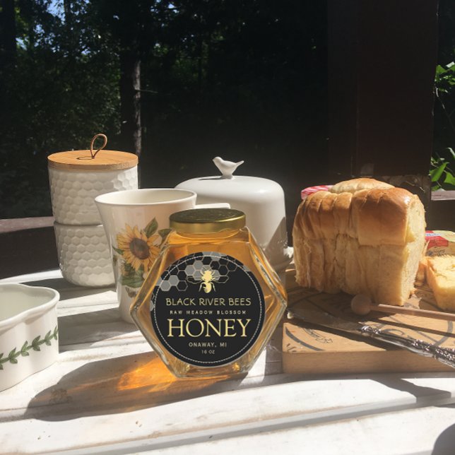 Honigwabe und Bienenroh-Honig-Etikett Schwarz Runder Aufkleber (Von Creator hochgeladen)