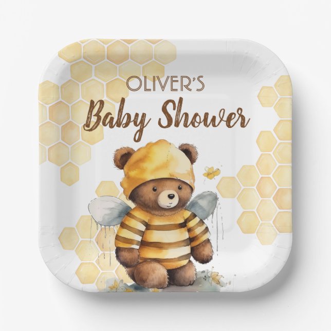 Honigwaben und Braunhonigteddy tragen Babydusche Pappteller (Vorderseite)