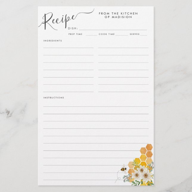 Honigwabenkarte Hummel Bee Kitchen Rezeptkarte (Vorderseite)