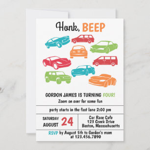 Honk Beep Automobile/Cars Geburtstagspartei Einladung