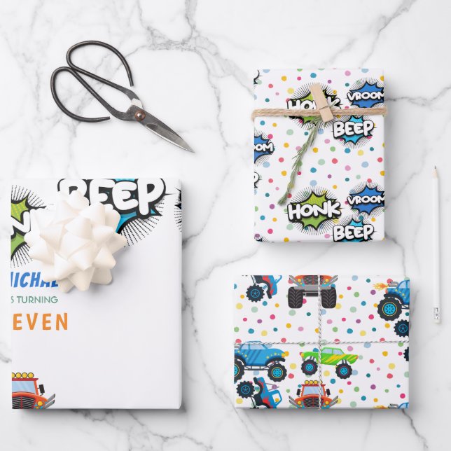 Honk Piep Monster Trucks Junge Geburtstag Geschenkpapier Set (Vorderseite)