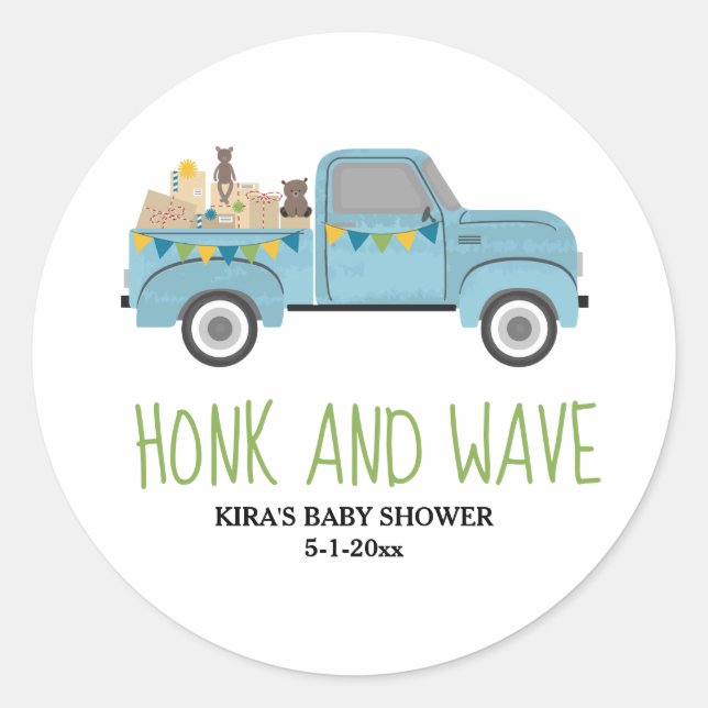 Honk & Wave Drive Thru Baby Dusche Blue Truck Runder Aufkleber (Vorderseite)