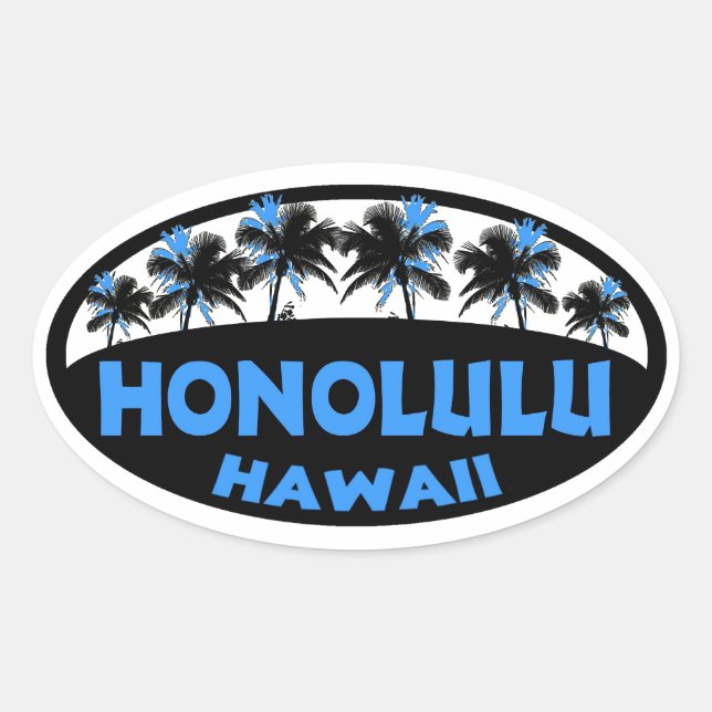 Honolulu Hawaii blaue schwarze Palmen ovale Aufkle Ovaler Aufkleber (Vorderseite)