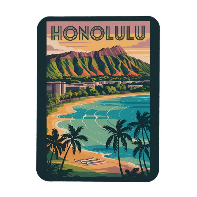 Honolulu Hawaii Illustration Travel Art Vintag Magnet (Vertikal)