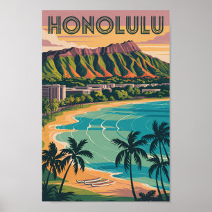 Honolulu Hawaii Illustration Travel Art Vintag Poster