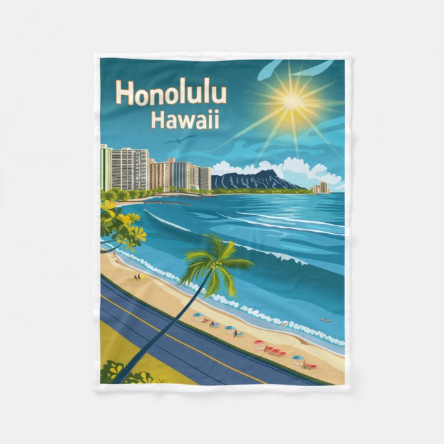 Honolulu Hawaii - Küste Aussicht Vintage Reisen Fleecedecke (Vorderseite)