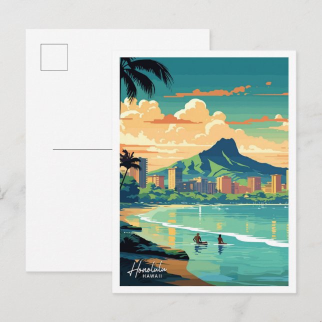Honolulu Hawaii Reisen Vintage Abbildung Postkarte (Vorne/Hinten)
