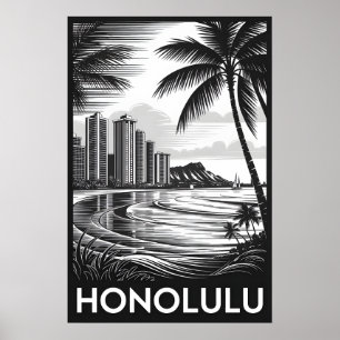 Honolulu Hawaii Skyline Schwarz Weiß Holzschnitt Poster