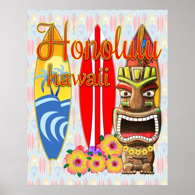 Honolulu Hawaii Tiki Surf Poster (Vorne)