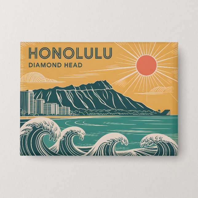 Honolulu Oahu Diamond Head Retro im Stil der Mitte Button (Vorderseite)