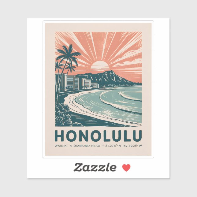 Honolulu Oahu Hawaii Waikiki Beach Retro Travel Aufkleber (Blatt)