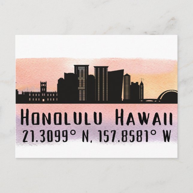 Honolulu Skyline Latitude und Längengrad Postkarte (Vorderseite)