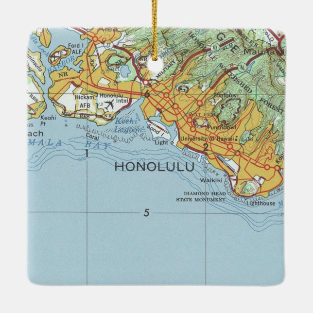 Honolulu Vintage Karte Keramikornament (Rückseite)