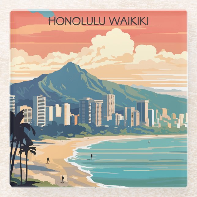 Honolulu Waikiki Beach Hawaii Panorama View Beach Glasuntersetzer (Vorderseite)