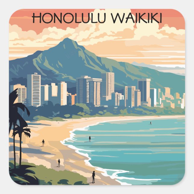 Honolulu Waikiki Beach Hawaii Panorama View Beach Quadratischer Aufkleber (Vorderseite)