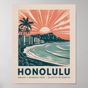 Honolulu Waikiki Diamond Head Panoramische Retro-R Poster