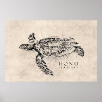 Honu Hawaiian Sea Turtle on Vintag Parchment