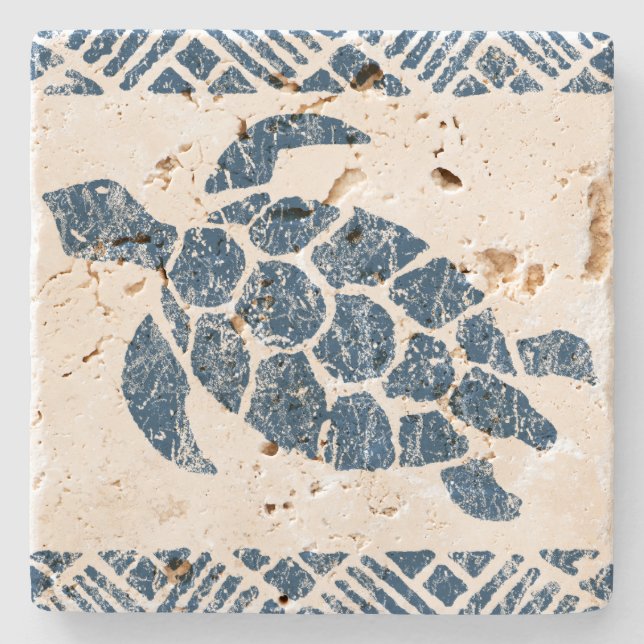 Honu Meeresschildkrötehawaiischer Tapa - Indigo Steinuntersetzer (Vorderseite)