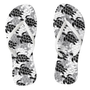 Honu Sea Turtle Hawaiian Tapa Black Flip Flops