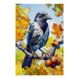 Hooded Crow in Oak Tree Impressionist Sty Poster