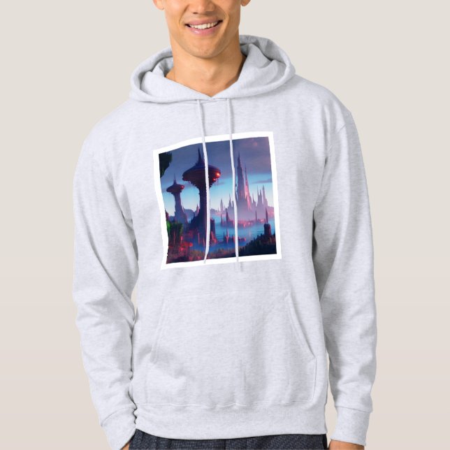 Hooded Sweatshirt von weißem futuristischem Stadtd (Vorderseite)