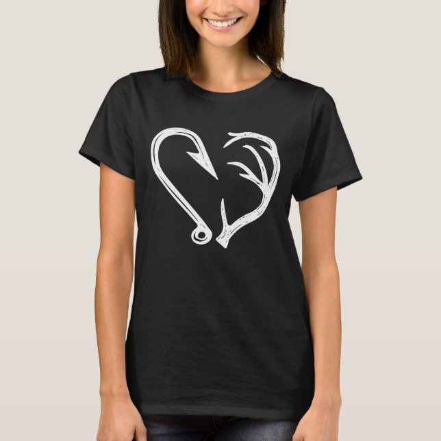 Hook Antler Heart Liebe Fischfang Jagd Hirsche H T-Shirt (Vorderseite)