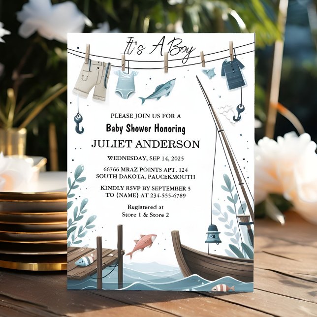 Hook Bait Fun Wood Little Fisherman Baby Shower Einladung (Von Creator hochgeladen)