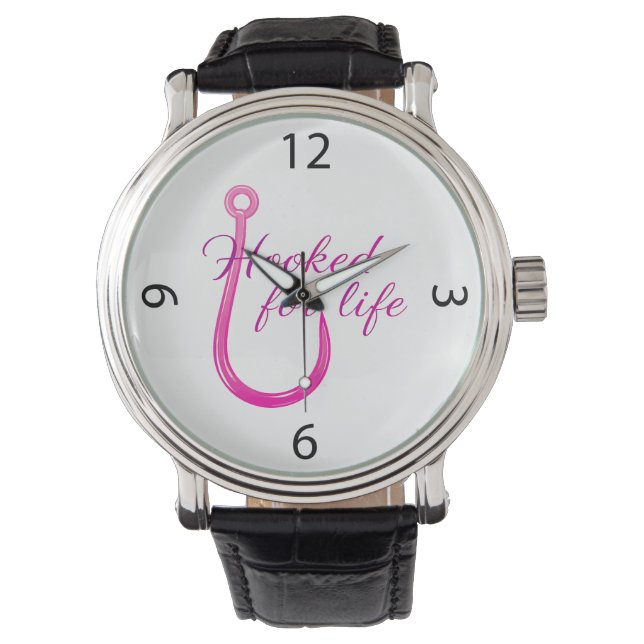Hooked for Life Pink Fishing Hook Armbanduhr (Vorderseite)
