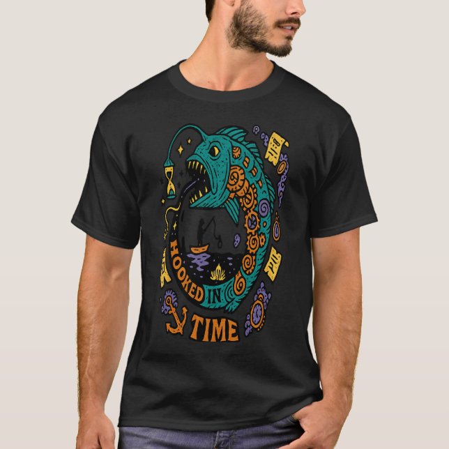 HOOKED IN TIME - angeln T-Shirt (Vorderseite)