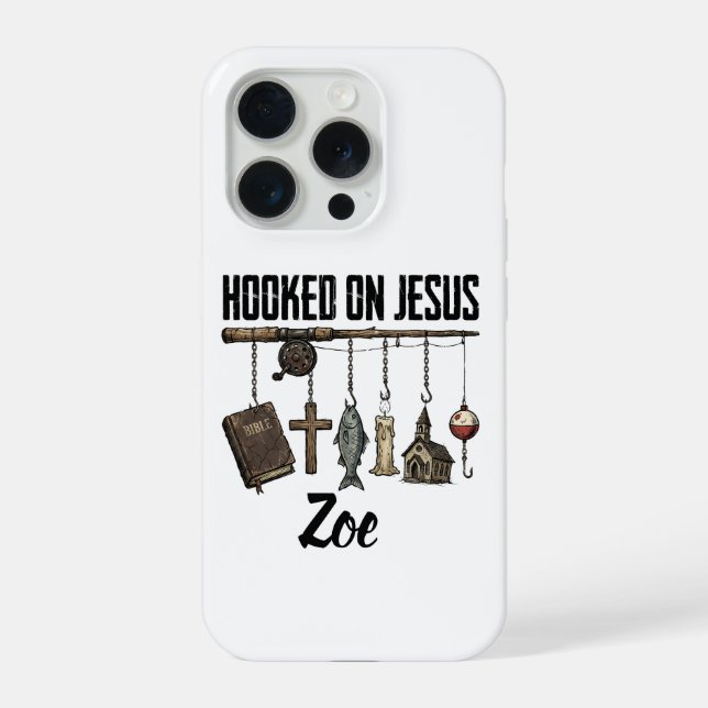 Hooked on Jesus Personalisierte iPhone 15 Pro Hüll Hülle (Rückseite)