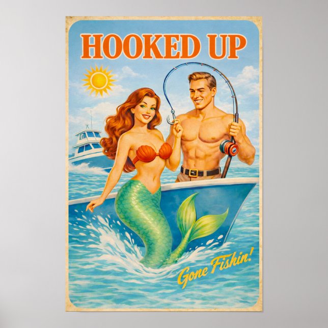 Hooked Up Retro Pin-Up Mermaid | Fishing Boat Art Poster (Vorne)