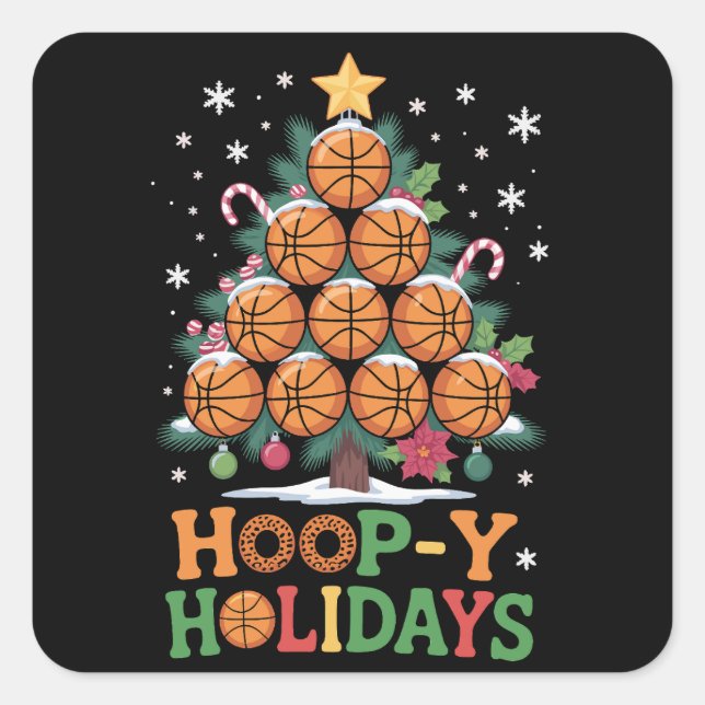 Hoop-y Holidays Basketball Christmas Holiday Sport Quadratischer Aufkleber (Vorderseite)