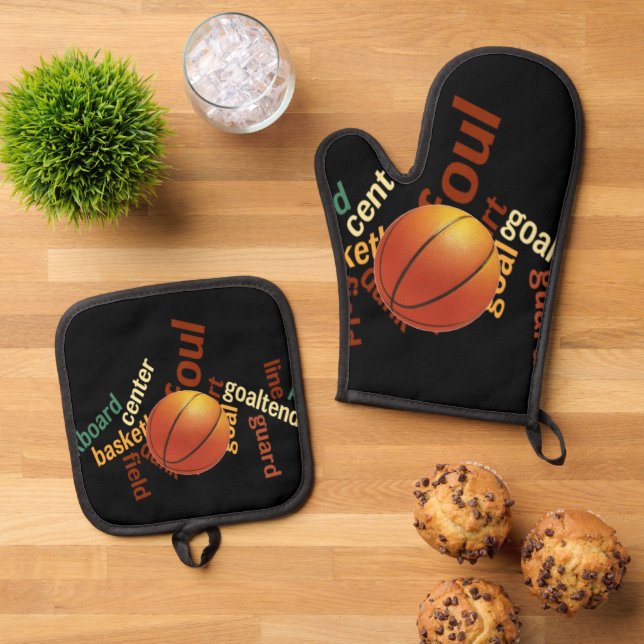 Hoops & Highlights: Farbenfroh Basketball Inspirie Ofenhandschuh & Topflappen-Set (Oben Unten)
