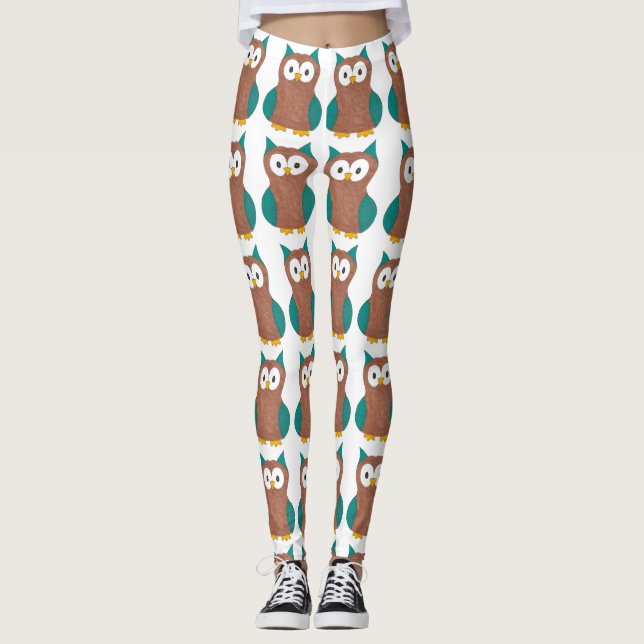 Hoot Bird Cartoon Owl Animal Print Blue Brown Owel Leggings (Vorderseite)