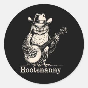 Hootenanny Eule spielt Banjo Gitarre Cowboy Hut Vi Runder Aufkleber