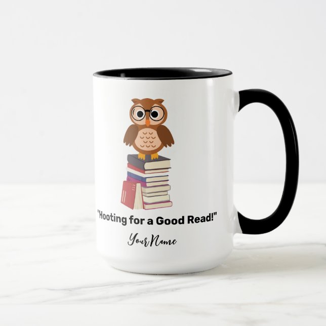 "Hooting for a Good Read!" Buchliebhaber Tasse (Rechts)