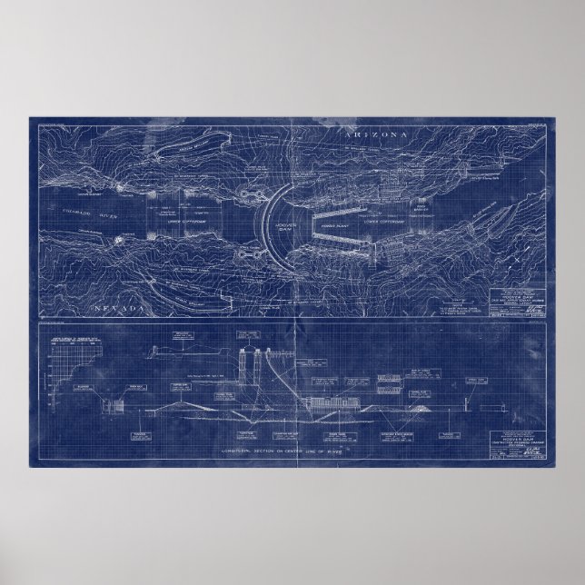Hoover Dam Blueprint Style Schematic Poster (Vorne)