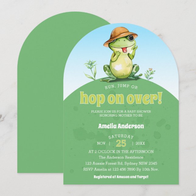 Hop auf über Wasserfarbe Niedlich Frog Babydusche Einladung (Vorne/Hinten)