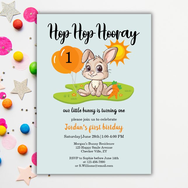 Hop Hooray Niedlicher 1. Geburtstag Einladung (Von Creator hochgeladen)