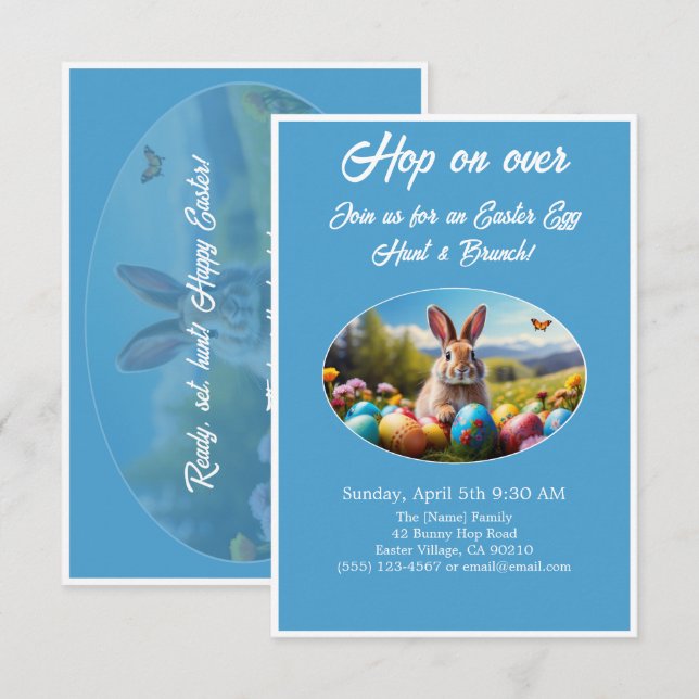 Hop on Over Egg Hunt Brunch Easter Rabbit blue -  Einladung (Vorne/Hinten)