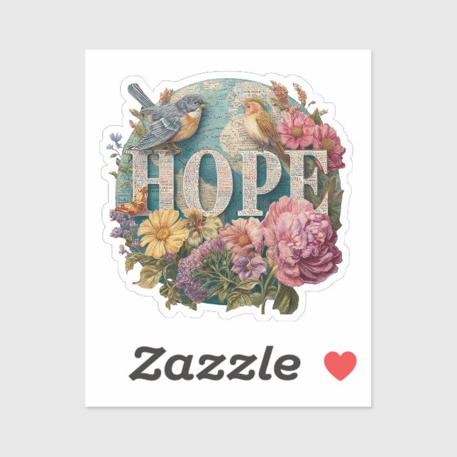 Hope Floral Typografie mit Vögeln und botanisch Aufkleber (Blatt)