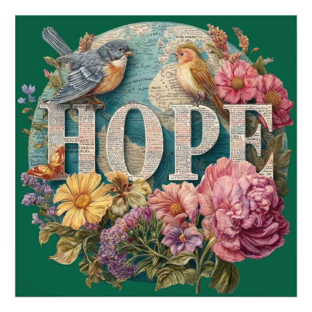 Hope Floral Typografie mit Vögeln und botanisch Fotodruck (Vorne)