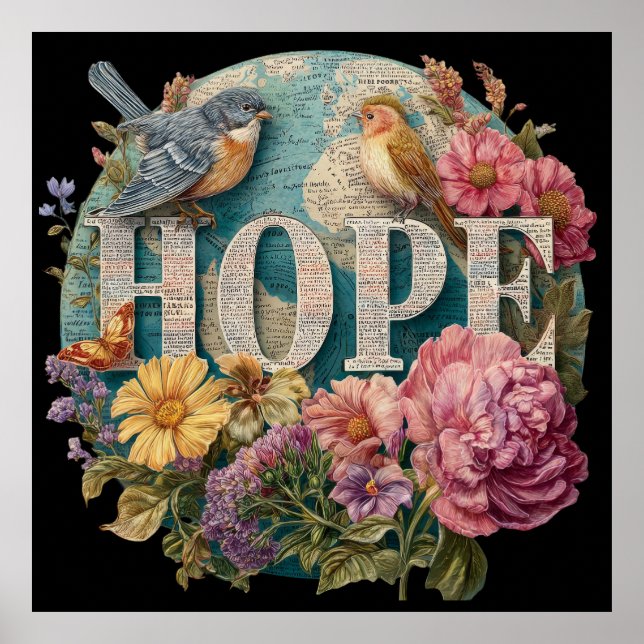 Hope Floral Typografie mit Vögeln und botanisch Poster (Vorne)