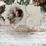 Hope, Peace, Joy Gold Red Holly Photo Keepsake Ornament Karte<br><div class="desc">Brilliant red Christmas holly and greenery wreath with festive gold lights surround your favorite photo,  the perfect card to send family and friends Hope,  Peace and Joy for this wonder-filled holiday season</div>