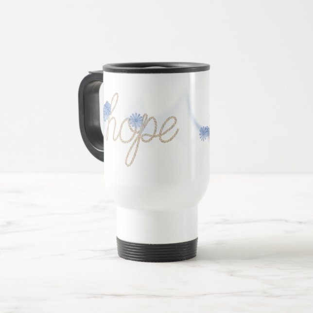 HOPE Rope Text With Blue Daisies Reisebecher (Vorderseite Links)