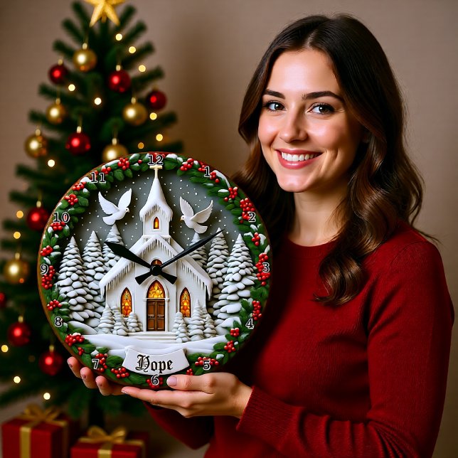 Hope White Church Snow Doves Große Wanduhr (Von Creator hochgeladen)