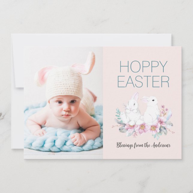 Hoppy Bunny Pâques Floral Photo Carte de vacances (Devant)