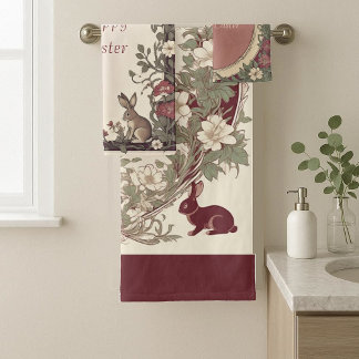 Hoppy Easter Bunny Art Nouveau Burgundy Farmhouse Badhandtuch Set