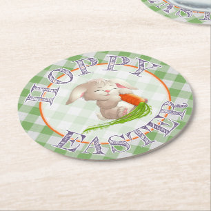 Hoppy Happy Oaster Bunny Green Gingham Pattern Runder Pappuntersetzer